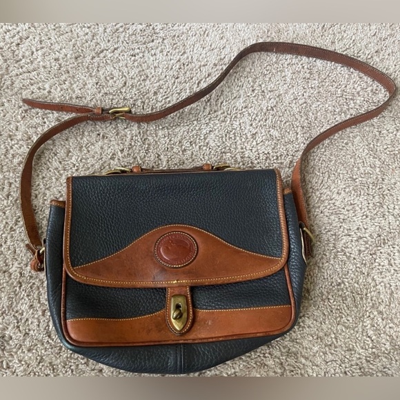 Vintage 90s Dooney & Bourke Off Black and Brown Messenger Bag with Flap Closure - Picture 1 of 11